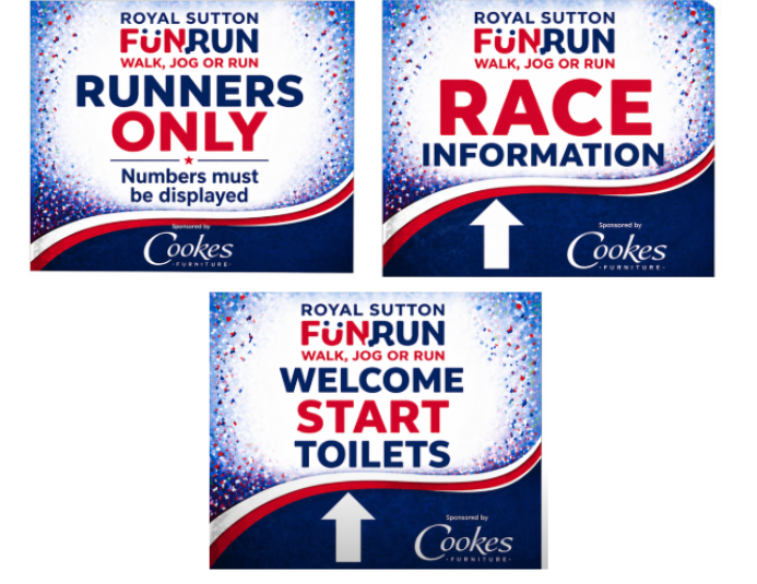 Royal Sutton Fun Run signs for runners-only access, race information and directions to the start and toilets