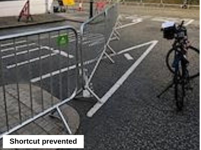 Barriers positioned to prevent a course shortcut