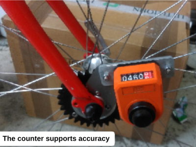 A mechanical course-measurement counter fitted to a bicycle wheel